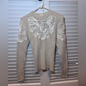 Free People Embroidered Knit Sweater Cream Silk Blend S/P Fitted Boho